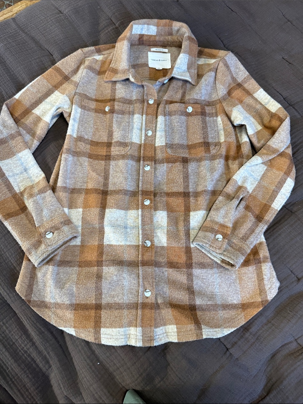 Thread & Supply Tan and Cream Plaid Button-Up Shirt Jacket